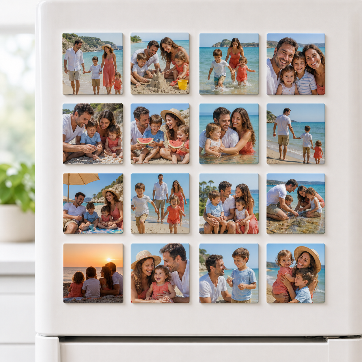 16 custom photo magnets displayed on a refrigerator