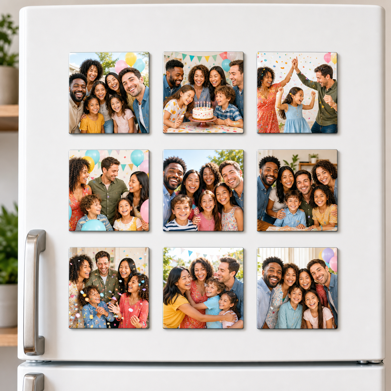 9 custom photo magnets displayed on a refrigerator